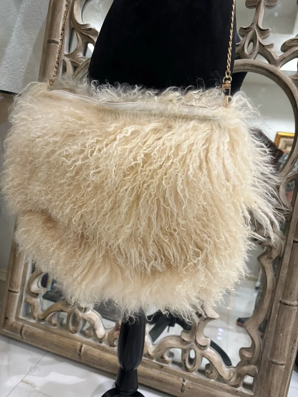Plush Faux Shearling Shoulder Bag in Cream
